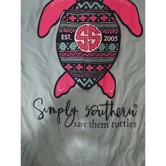 Simply Southern Womens "Save Them Turtles" Medium T-Shirt Aqua Pink Turtle Grap - Picture 9 of 10